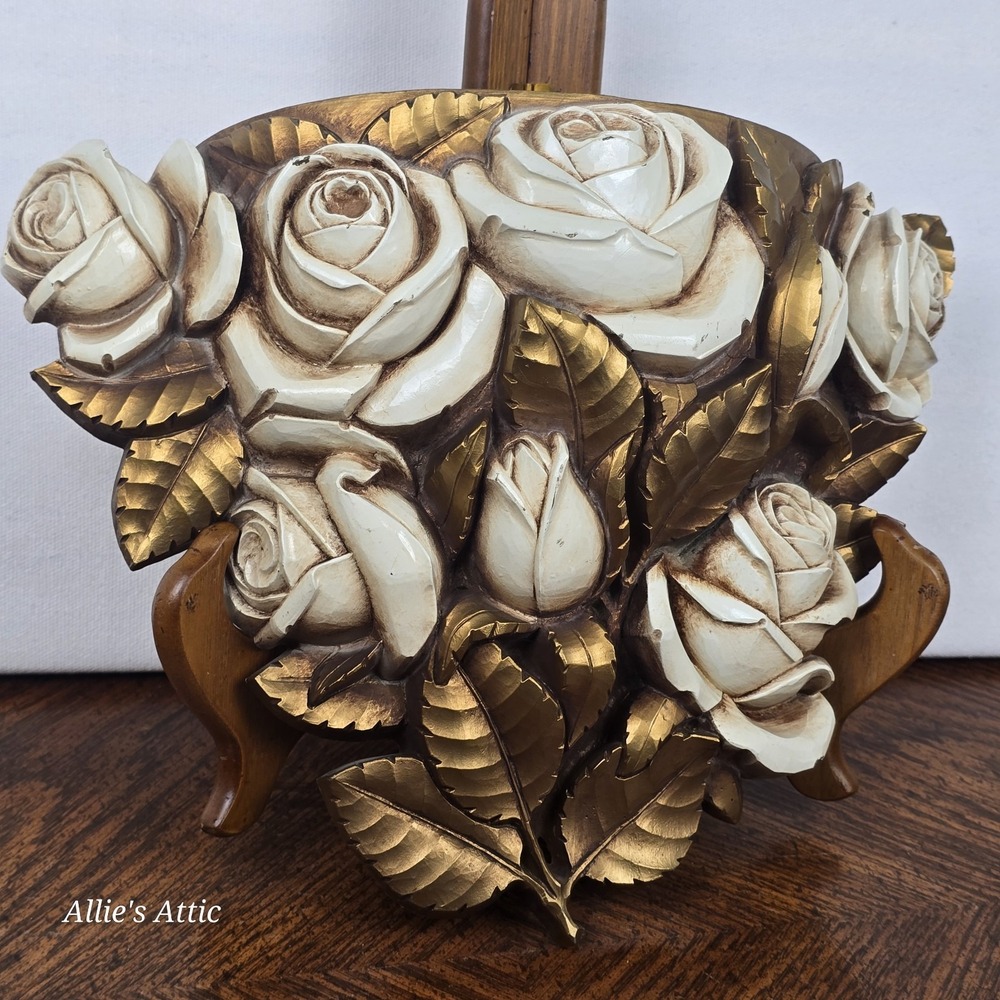 Homco Wall Pocket Planter MCM Roses Hollywood Regency Floral Gold Vintage Decor
